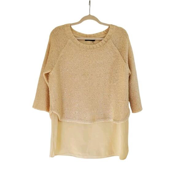 THML Ivory Sequin Layered 3/4 Sleeve Back Button Tunic Sweater Blouse, Sz Medium - Picture 1 of 13
